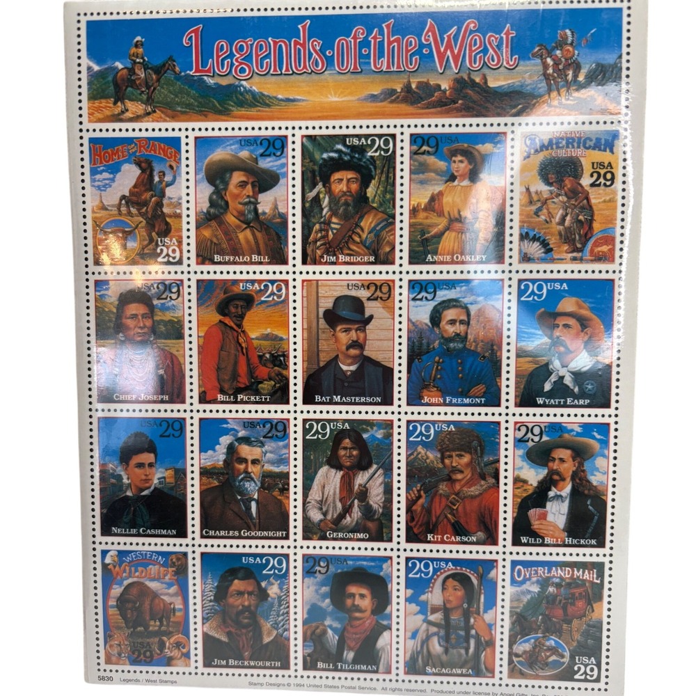 USPS Legends of the West 29 Cent Stamp Sheet 20 Stamps Bill Pickett 1994 Vintage